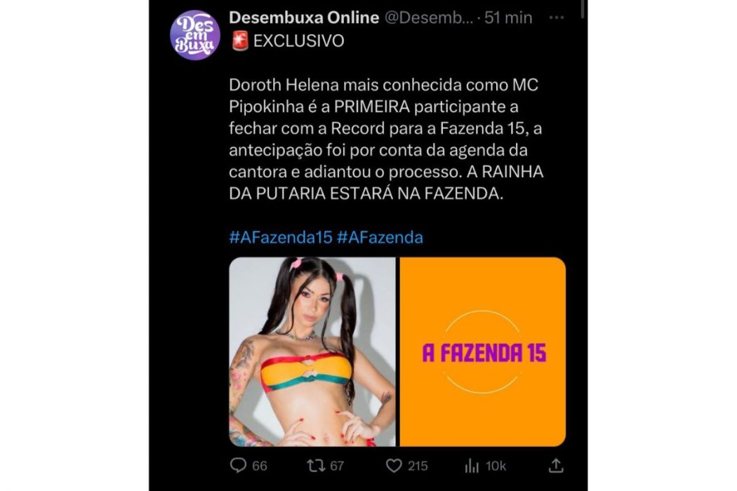 A Fazenda 15 MC Pipokinha é o 1º nome confirmado diz perfil