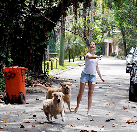 Alinne joga a madeira para os cães irem buscar