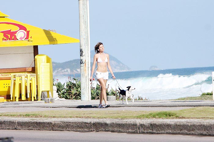 Ellen Jabour caminha com seu cachorro na Barra, no Rio de Janeiro