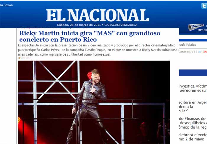 Reportagem do El Nacional sobre a estreia da turne Musica, Alma, Sexo de Ricky Martin