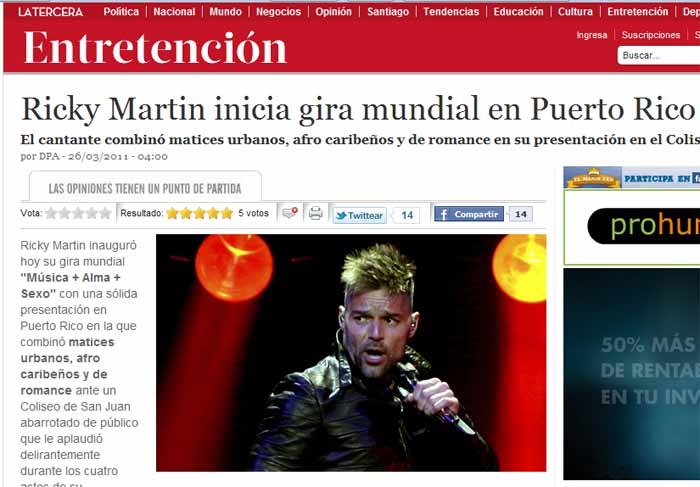Reportagem do La Tercera sobre a estreia da turne Musica Alma, Sexo de Ricky Martin
