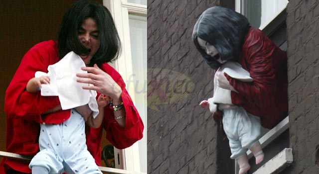 Artista suéca cria estatua de Michael Jackson mostrando filho nas janela de hotel OFuxico Reprodução blog Premises Studio