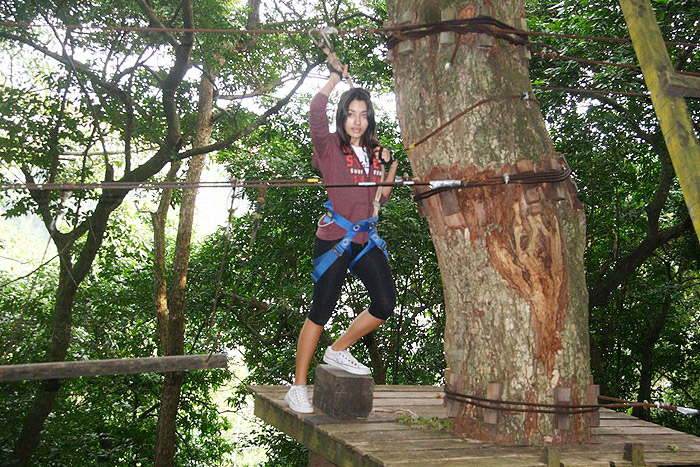 Em cima da árvore a atriz pousou para fotos.