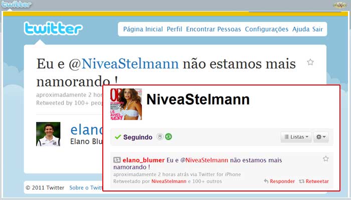 Elano anuncia fim do namoro com Nívea Stelmann no Twitter OFuxico/Reprodução