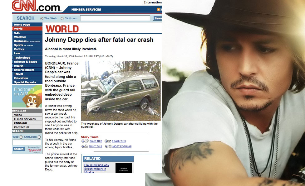 Johnny Depp: 2004 - acidente de carro na França / ataque cardíaco em Paris, março de 2007