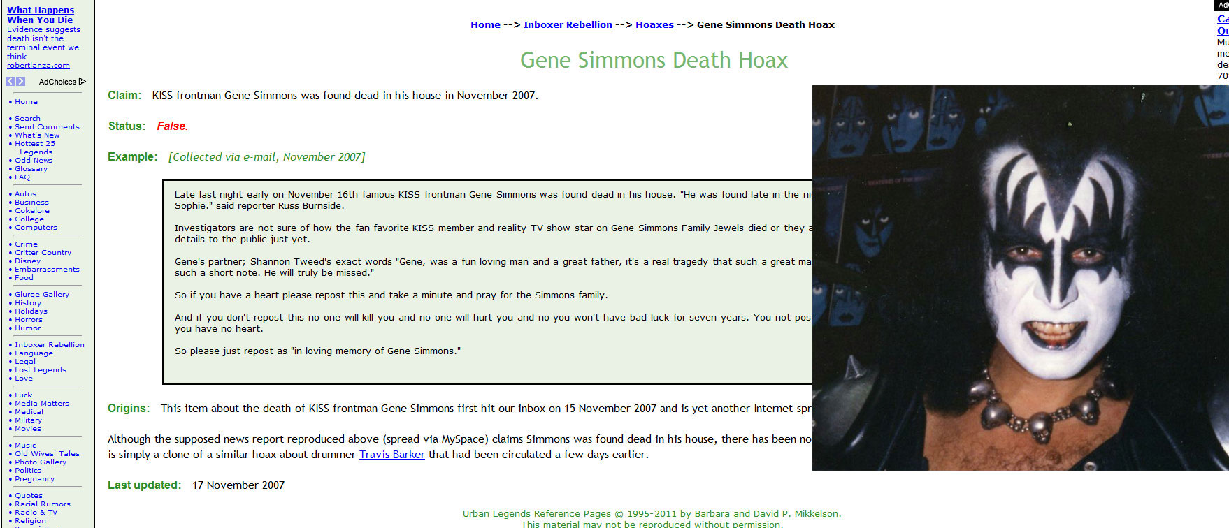 Gene Simmons: encontrado morto em sua casa, novembro de 2007