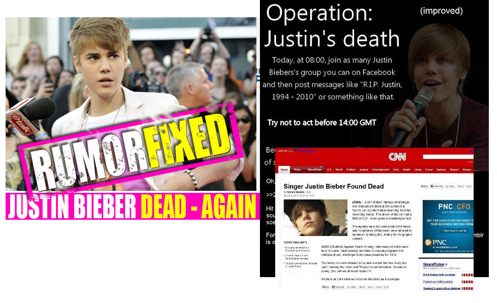 Justin Bieber: suicídio, agosto de 2009,  vítima de arma de fogo em NY, janeiro e fevereiro de 2010