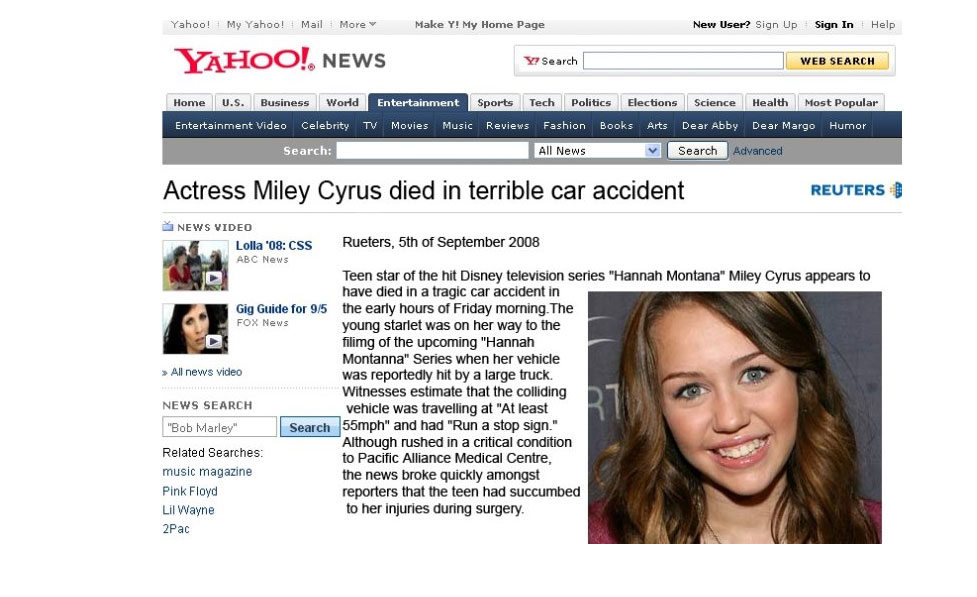 Miley Cyrus: acidente de carro, setembro de 2008