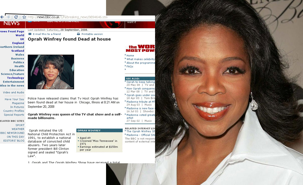 Oprah Winfrey: encontrada morta em sua cama, em 2009