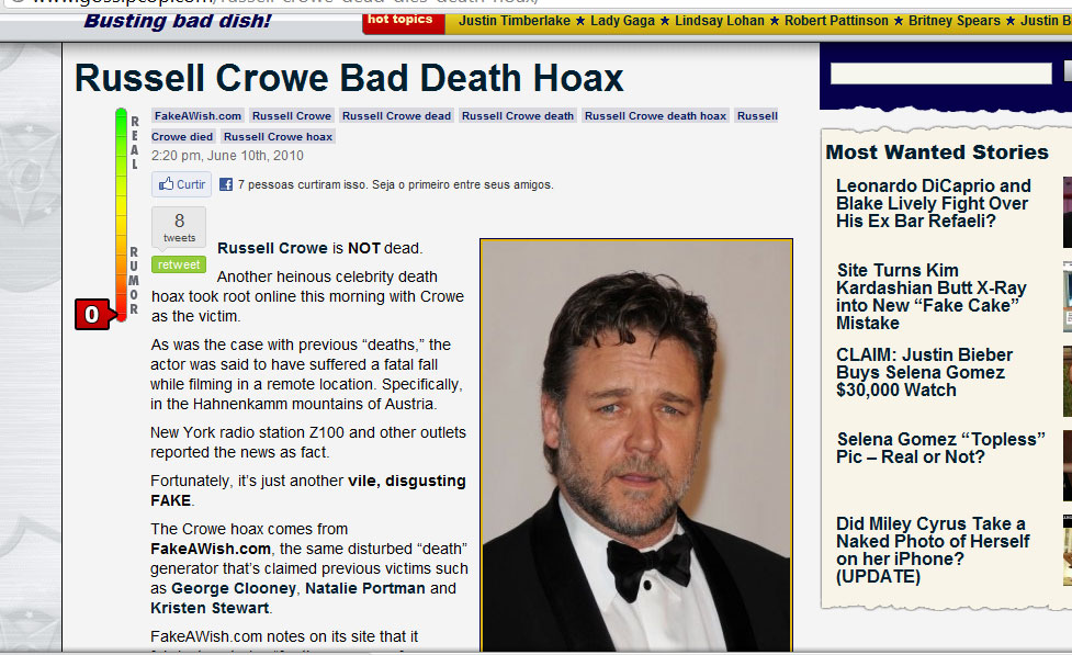 Russell Crowe: queda de uma montanha na Áustria, em junho de 2010, anúncio publicado na página dele na Wikipedia