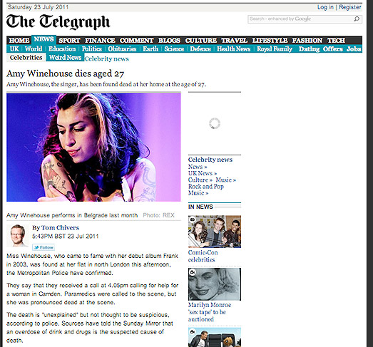 Imprensa de todo o mundo destaca a morte de Amy Winehouse