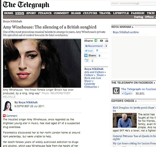 Imprensa de todo o mundo destaca a morte de Amy Winehouse