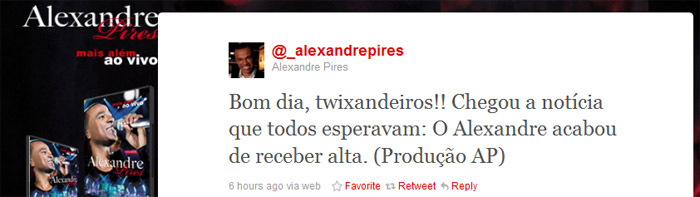 Alexandre Pires tem alta do hospital