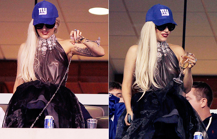 Lady Gaga joga champanhe na multidão em jogo do Giants