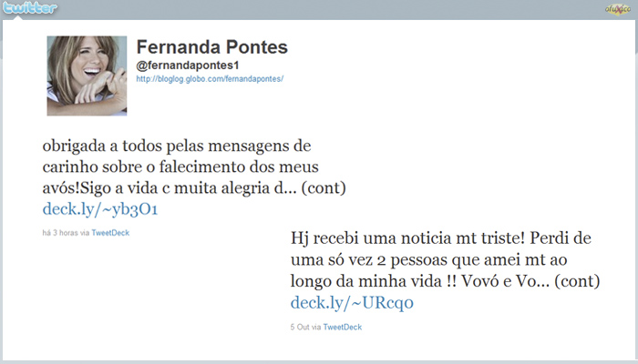 Fernanda Pontes lamenta morte e avós no Twitter  - Reprodução
