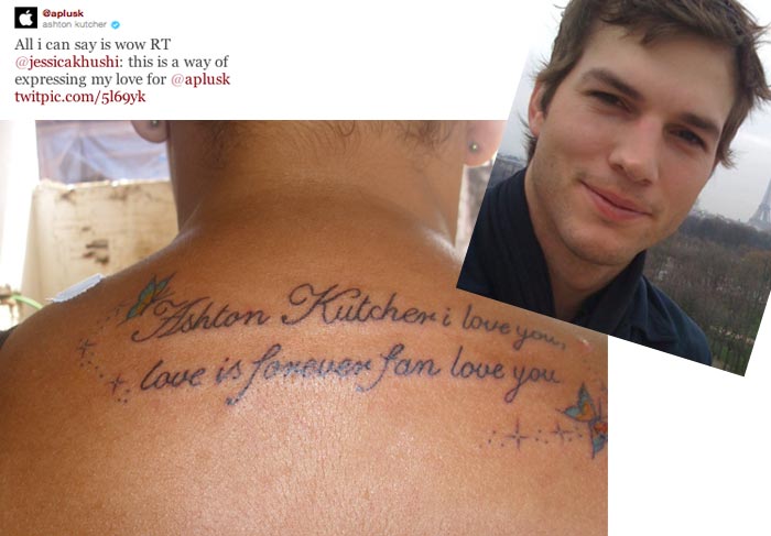 Fã brasileira tatua nome de Ashton Kutcher nas costas Famosos O Fuxico