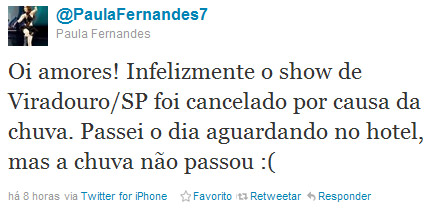 Mau tempo faz Paula Fernandes cancelar show em SP