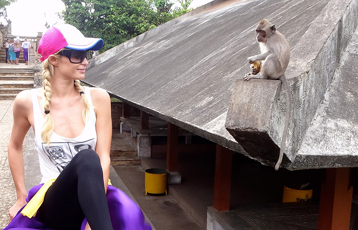 Paris Hilton brinca com macacos em Bali