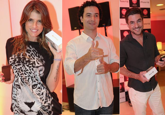 Carol Magalhães, Marco Luque e Rodrigo Veronezi no lançamento do novo iPhone 4s em shopping Ofuxico