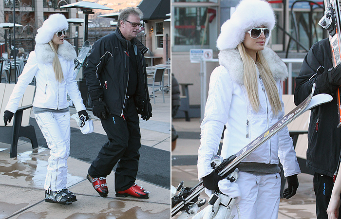 Paris Hilton esquia com o pai em Aspen, sem abandonar o estilo