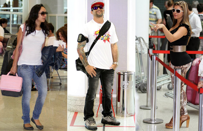 O ex-BBB Marcelo Dourado e a atriz Maria Maya caminharam pelo saguão do aeroporto.