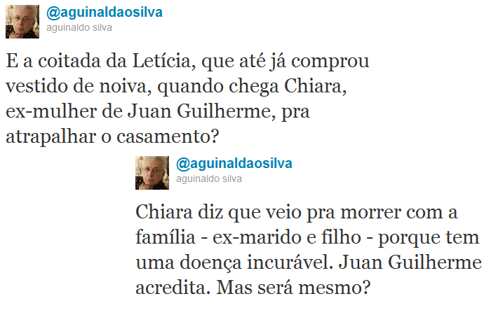 Aguinaldo Silva revela o que vai abalar relação de Letícia e Juan Guilherme