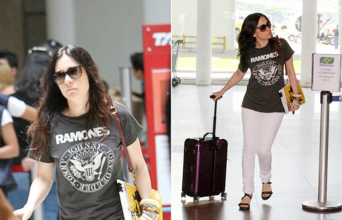 Com camisa do Ramones, Alessandra Negrini embarca no Rio - Ag.News