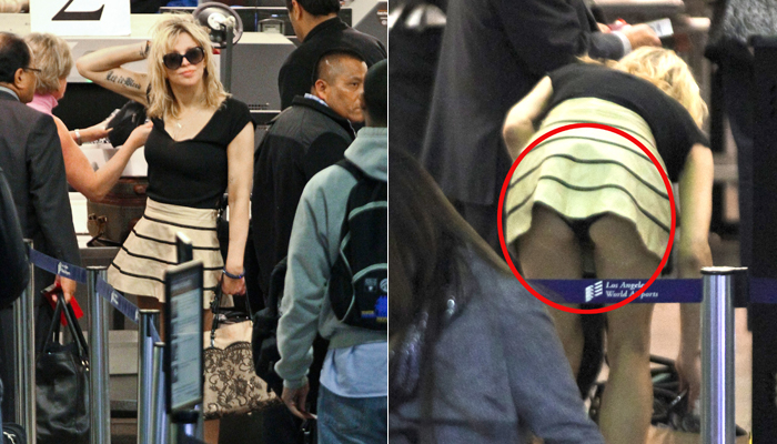 Courtney Love mostra a calcinha para os passageiros do aeroporto de LA