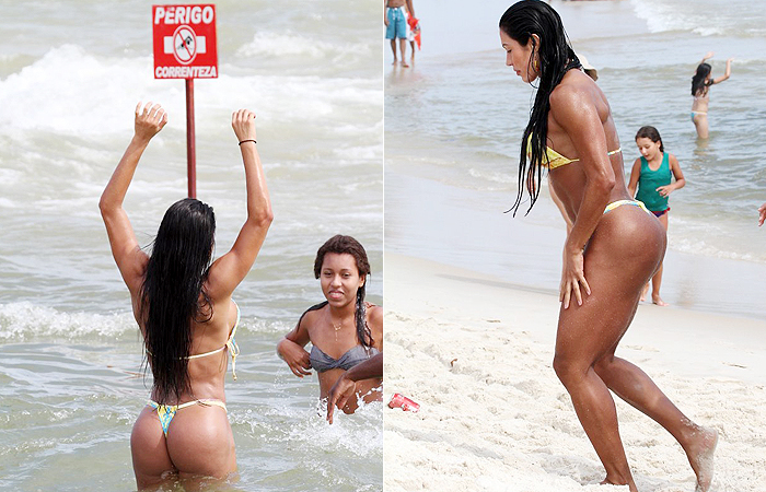 Gracyanne Barbosa tira foto com fãs na Barra da Tijuca