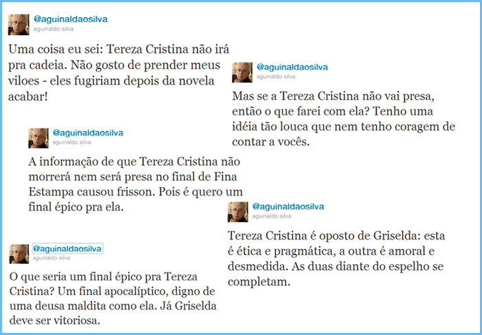 Aguinaldo Silva diz que Tereza Cristina não morrerá nem será presa, em Fina Estampa