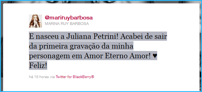 Marina Ruy Barbosa inicia gravações de Amor Eterno Amor