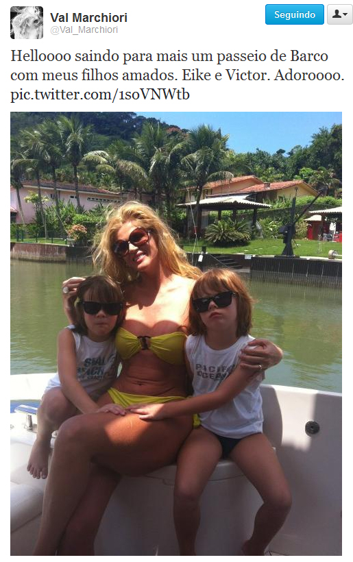 Helloo! Val Marchiori leva os filhos gêmeos para passear de barco