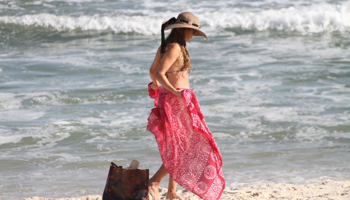 Com biquíni de oncinha, Christine Fernandes curte praia no Rio