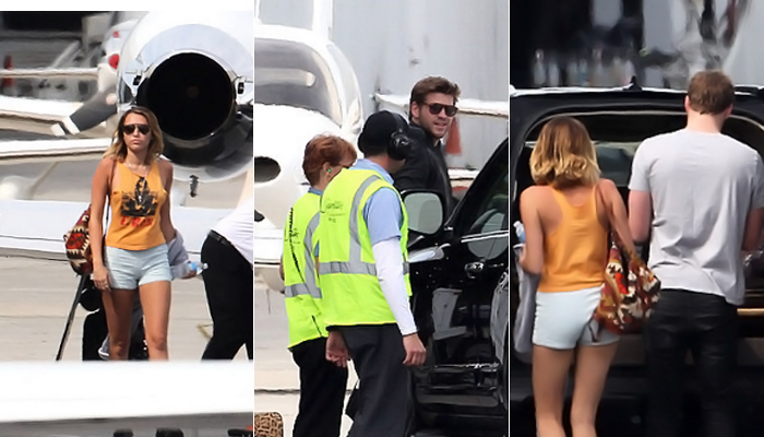 Miley Cyrus e Liam Hemsworth deixam Los Angeles de jatinho