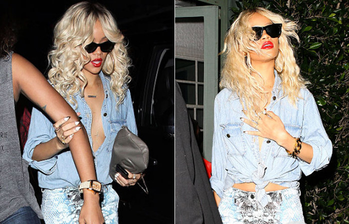 Rihanna esquece de abotoar a blusa para ir à balada