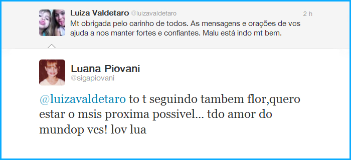 Luana Piovani manda mensagem para Luiza Valdetaro 