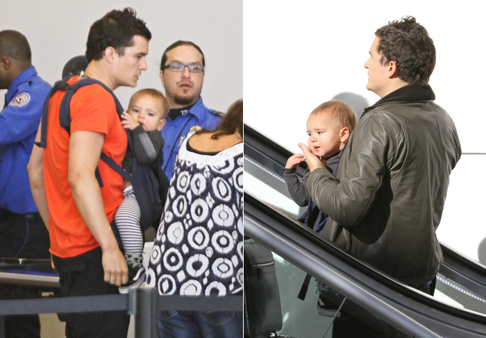 Orlando Bloom embarca para Paris com o filho Flynn