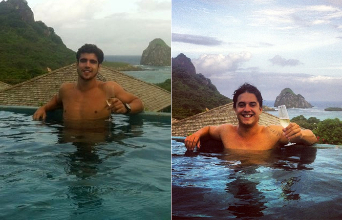Caio Castro e Guilherme Boury tomam champanhe em piscina 