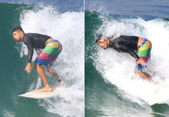 Cauã Reymond faz manobras no mar em manhã de surf