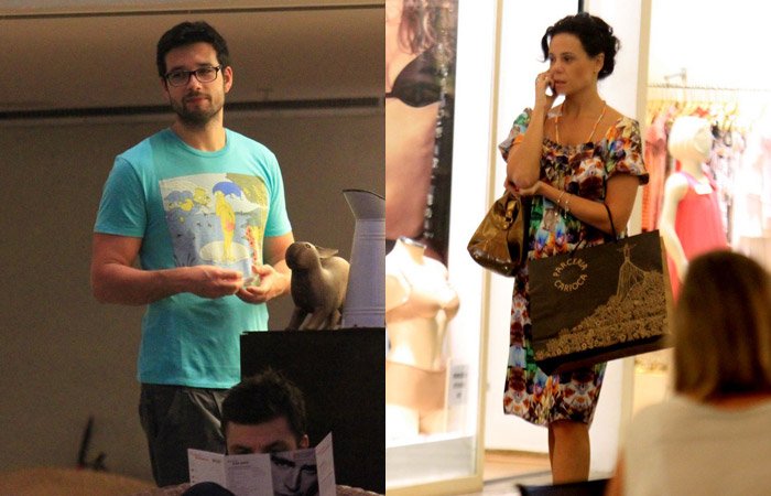 De mochila, Letícia Sabatella passeia por um shopping do Rio Ofuxico