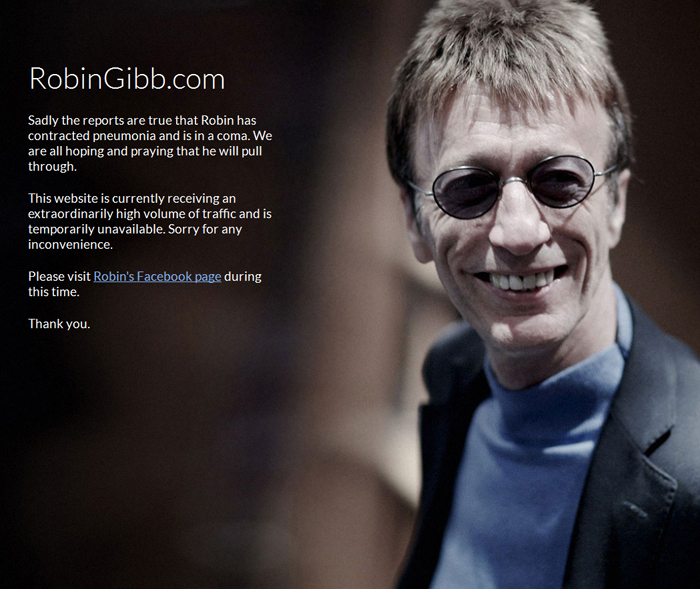 Site oficial deixa mensagem para Robin Gibb