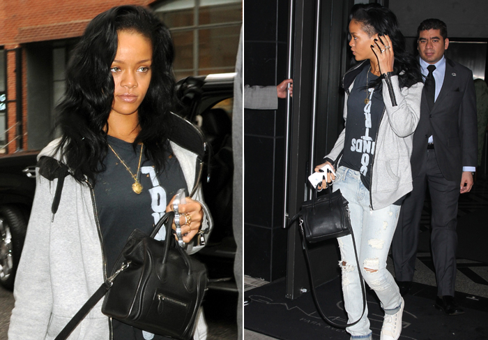 Rihanna circula com celular personalizado com soco inglês
