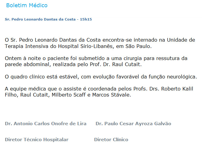 Pedro Leonardo passa por cirurgia de emergência no abdome