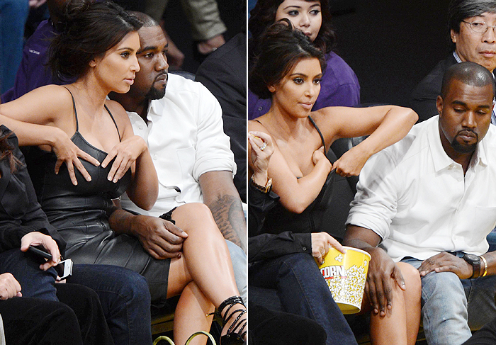 Vestido dá trabalho a Kim Kardashian, durante jogo de basquete