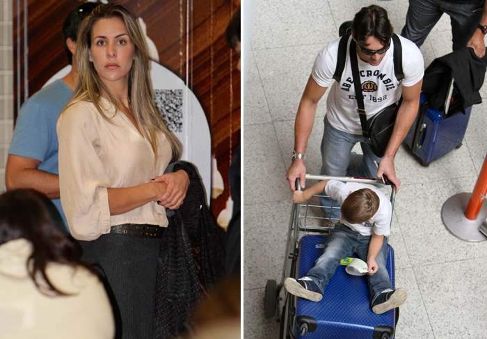 Renata Sorrah e Edson Celulari circulam pelo aeroporto