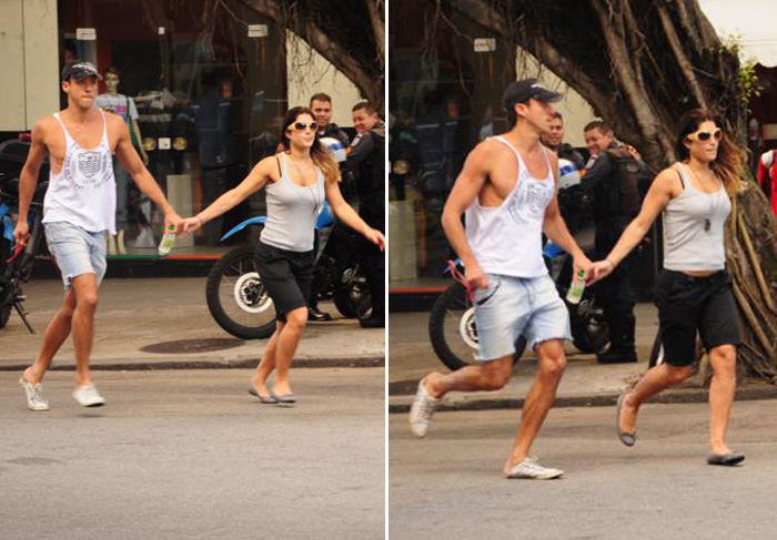 Priscila Fantin corre para atravessar a rua no Rio