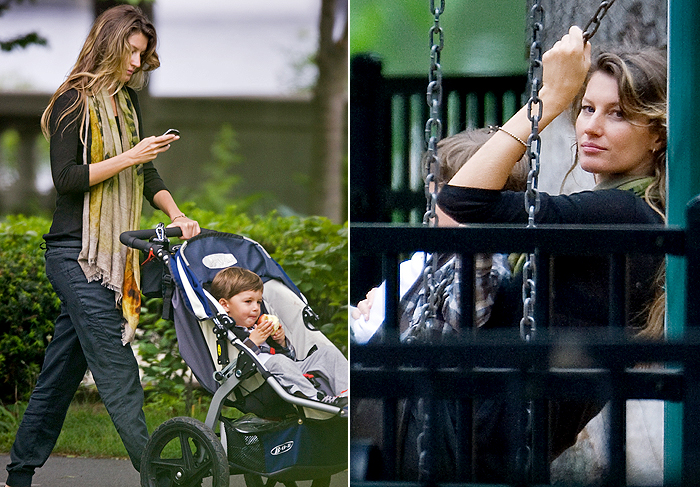 Gisele Bündchen se diverte com o filho em parque