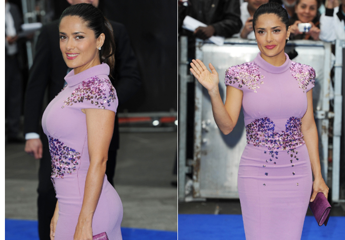 Salma Hayek vai de vestido colado em pré-estreia e exibe suas curvas