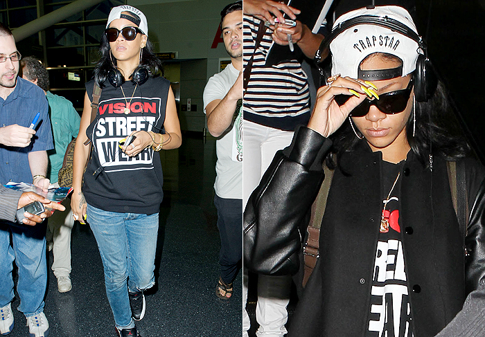Rihanna surge com visual hip-hop em aeroporto de Los Angeles