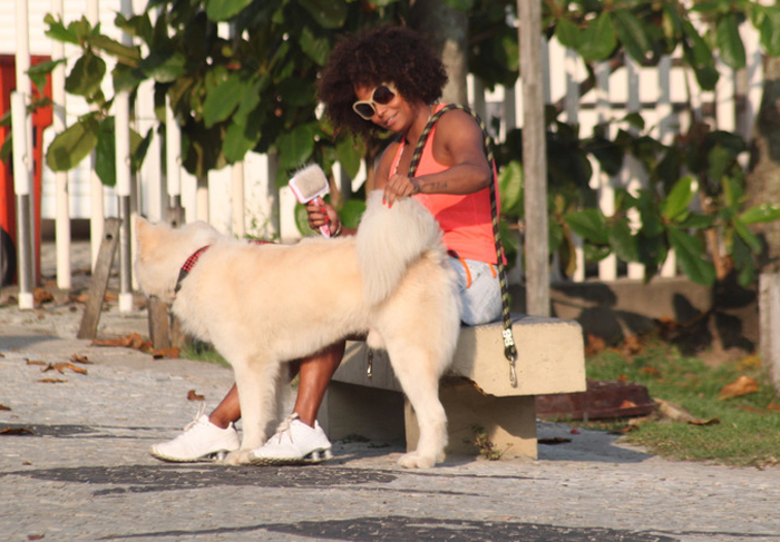 Adriana Bombom escova o cachorro na rua